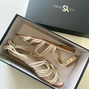 Yosi Samra YS Marina sandal in Champagne, leather with satin, Womens size 8